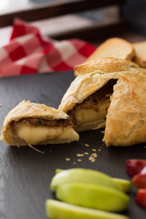 Baked Brie Jam in Puff Pastry with Almond Butter. Featuring our Jalapeño Raspberry Jam at Spoonabilities.com