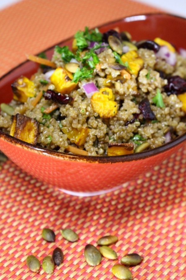 Quinoa Salad with Roasted Butternut Squash and Pumpkin Honey Mustard Vinaigrette. This recipe is great as a side dish for your Autumn meals, or for lunch. Spoonabilities.com