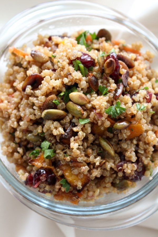 Quinoa Salad with Roasted Butternut Squash and Pumpkin Honey Mustard Vinaigrette. This recipe is great as a side dish for your Autumn meals, or for lunch. Spoonabilities.com