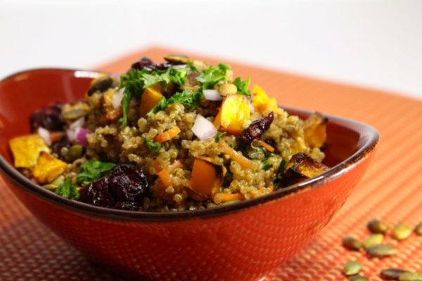 Quinoa Salad with Roasted Butternut Squash and Pumpkin Honey Mustard Vinaigrette. This recipe is great as a side dish for your Autumn meals, or for lunch. Spoonabilities.com