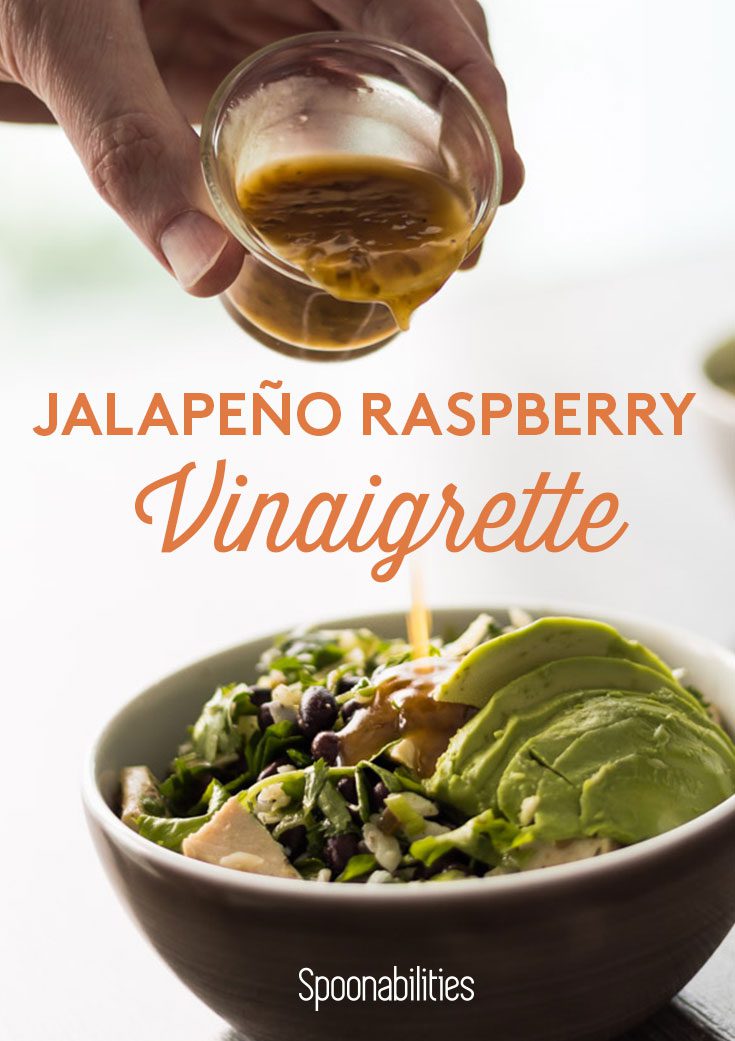 Jalapeno Raspberry Vinaigrette Dressing for a Mixed Green Salad with Chicken, Avocado, Black Beans, Cilantro, Green onions & Manchego Cheese. In 5 minutes you can have lunch or dinner. Spoonabilities