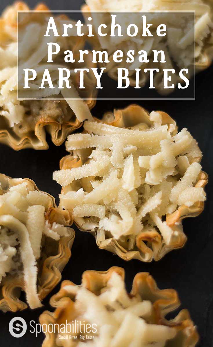 Artichoke Parmesan Party Bites is part of our collection of Easy 1-2-3 recipes. This is a perfect single bite with the crunchy shell, Artichoke Parmesan Tapenade, and the melted shredded Parmesan. Find this recipe and more party ideas at Spoonabilities.com
