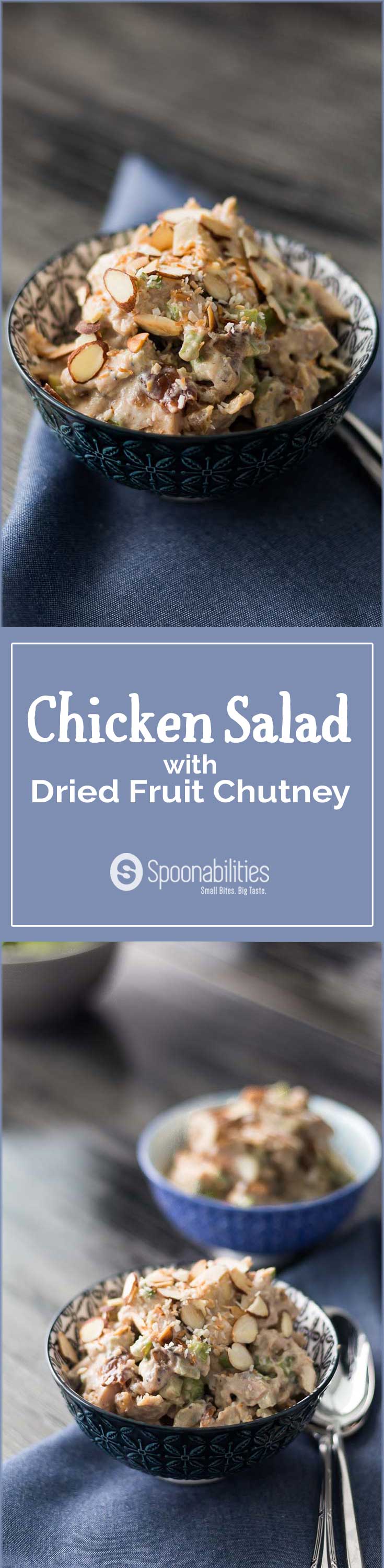 Easy Chicken Salad Recipe with Dried Fruit Chutney. Serve on lettuce & top with toasted almonds & toasted coconut flakes. This is unique and Tasty Salad. Spoonabilities.com