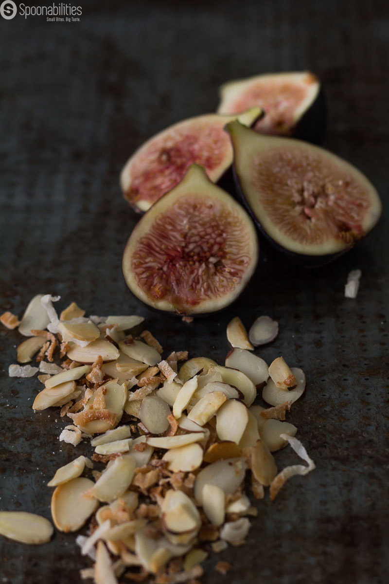 Toasted Almond & Coconut flakes and Black Mission figs from California. Photo for the Blog Post Ice Cream Toppings from Spoonabilities.com
