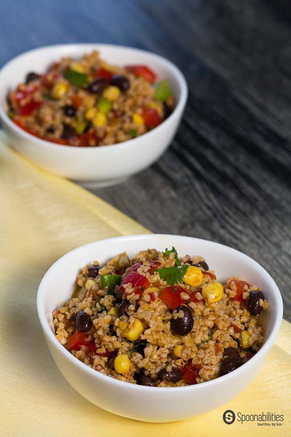 Two bowls of bulgur rainbow salad