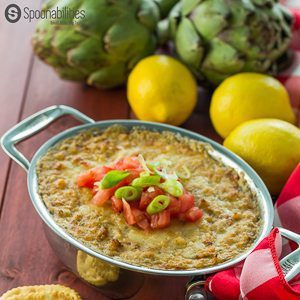 Asiago Crab Artichoke Dip with lemons and artichokes