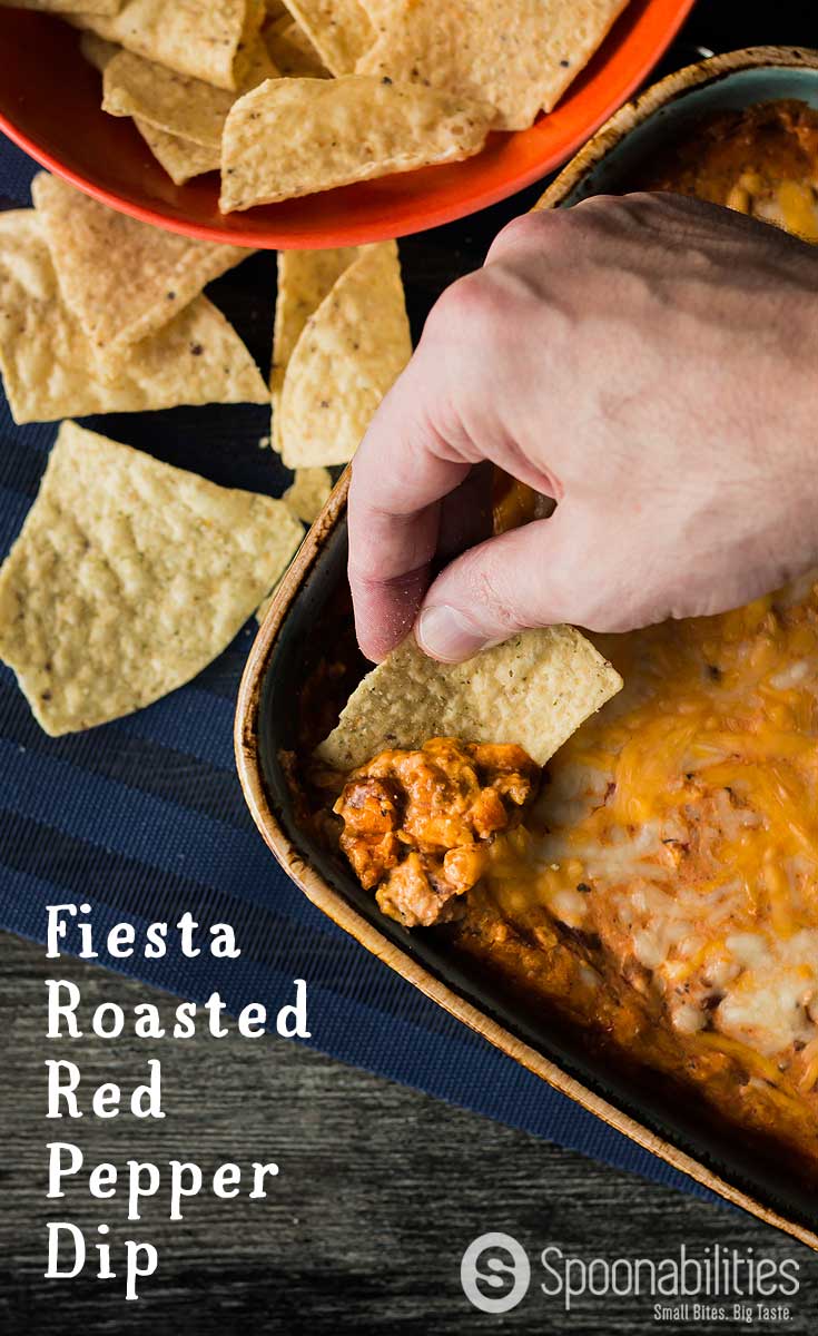 Fiesta Roasted Red Pepper Dip is the perfect vegetarian appetizer or starter for any weekend party or Sunday football game. You can make this recipe ahead in 5 minutes for an easy dip with tons of flavors. Easy, Fast, Make Ahead, Vegetarian. Spoonabilities.com
