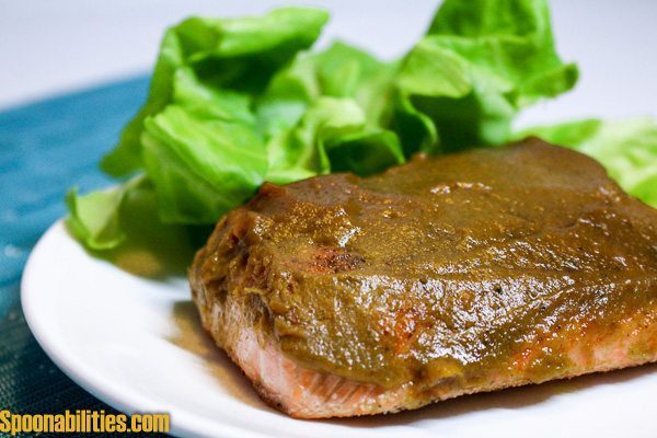 Salmon recipe with a Pumpkin Honey Mustard Glaze. Perfect for the Fall Season or any time of the year. This is my go-to recipe when I cook salmon. Easy to make and the mustard glaze keeps the salmon moist. You can make this dish in 15 minutes. Spoonabilities.com