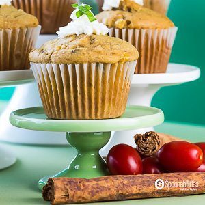 Savory Corn Muffins recipe with Ricotta Cheese, Cinnamon Clove Tomato Jam, and basil. With flavors of the summer and aromatic spices from Fall. Spoonabilities.com