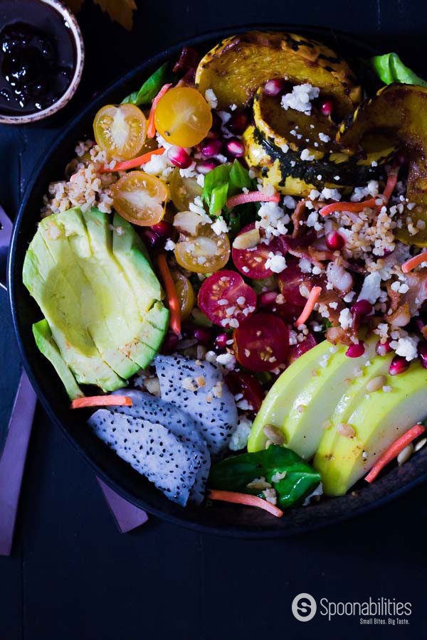 Recipe for Cherry Vinaigrette Dressing on Autumn Harvest Salad with Pumpkin Honey Mustard mixed in a mason jar. With Pomegranate Seed & Dumpling Squash. Spoonabilities.com