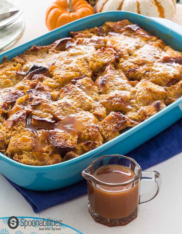 Fall Pumpkin Bread Pudding with Caramel Sauce. Spoonabilities.com