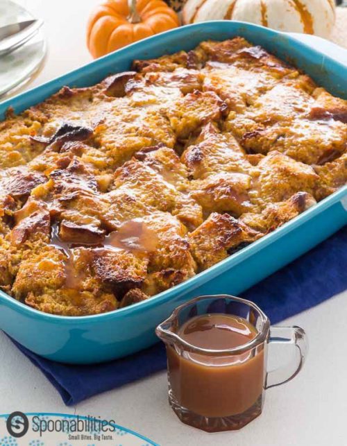 Fall Pumpkin Bread Pudding with Caramel Sauce or Cinnamon Maple Syrup.
