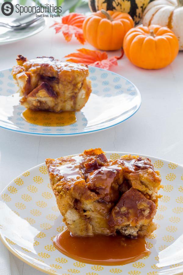 Brioche Pumpkin Bread Pudding with both/either Flowery Lavender Caramel Sauce or Pumpkin Spice Syrup. Spoonabilities.com