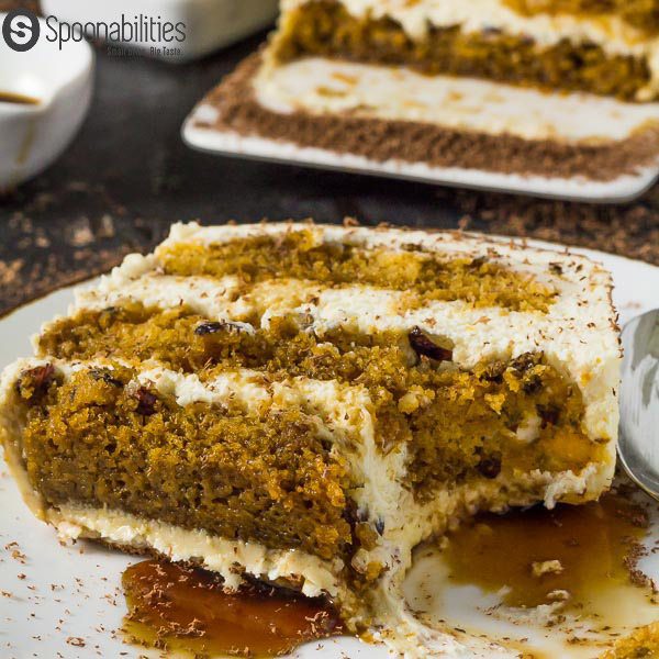 closeup shot of single slice of Pumpkin Tiramisu Cake