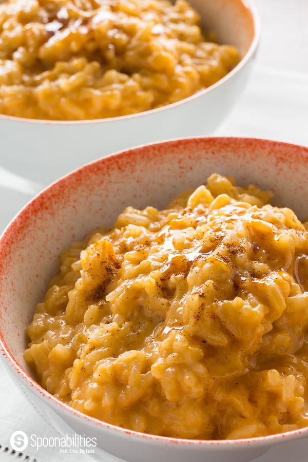 Two bowls of Pumpkin Rice Pudding Recipe with coconut milk and Maple Syrup, cinnamon or toasted coconut flakes. Spoonabilities.com