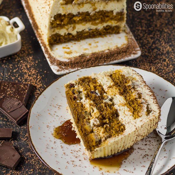 Big slice of THE BEST Pumpkin Tiramisu Cake Recipe with Coffee-Maple Mascarpone Cream. 