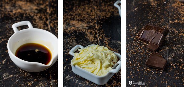 Ingredient bowls of coffee syrup, maple-coffee mascarpone cream, and shaved dark chocolate