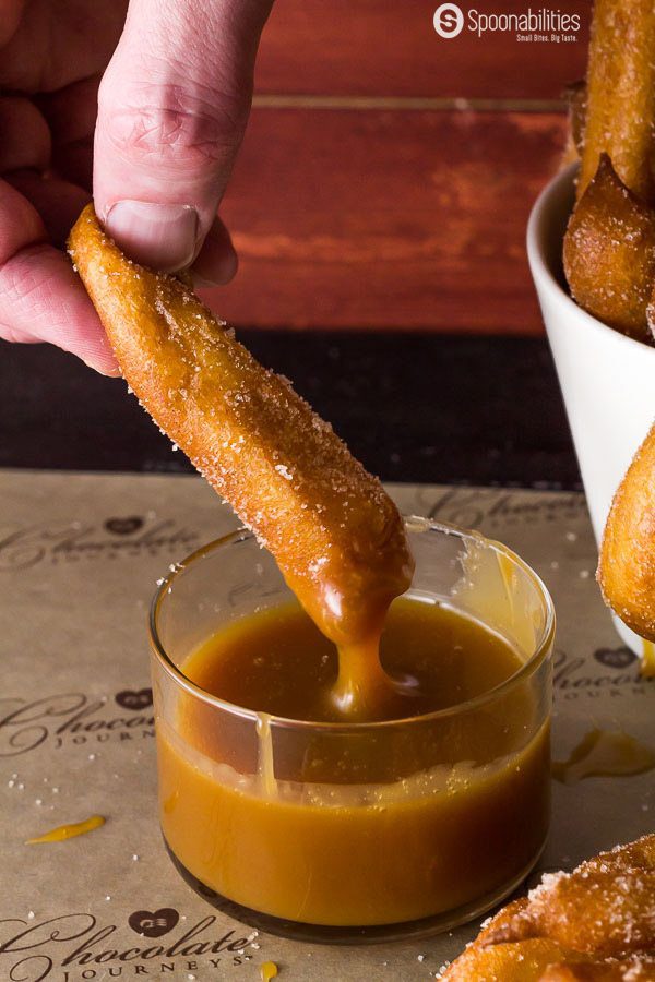 Caramel Sauce Recipes - Churros dipped in Salted Caramel Sauce by Coop's or with Spanish Hot Chocolate is the most traditional way to eat the crispy, fluffy and sugary Spanish snack. Spoonabilities.com
