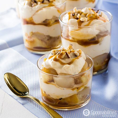 Three glasses of this dessert recipe: Easy Salted Caramel Pear Trifle with seasonal Bosc pears and Salted Caramel Sauce.