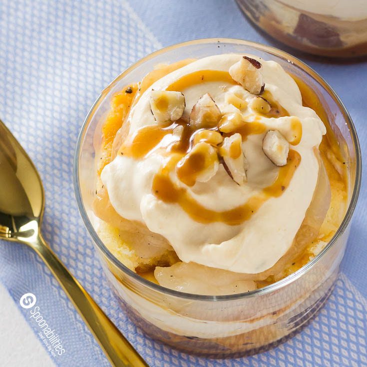 Easy Salted Caramel Pear Trifle is a layered dessert recipe with pound cake, poach pears, whipped cream and Coop's Salted Caramel Sauce. Available at Spoonabilities.com