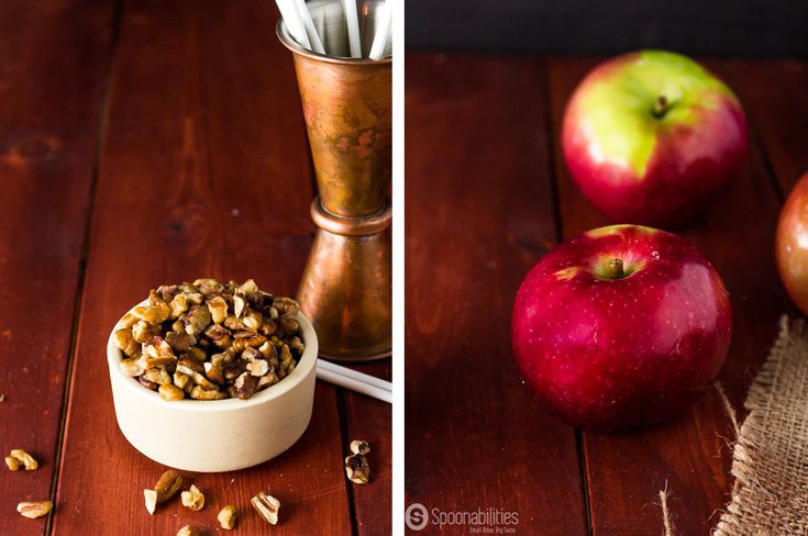 Small bowl of chopped pecans and two whole red apples 