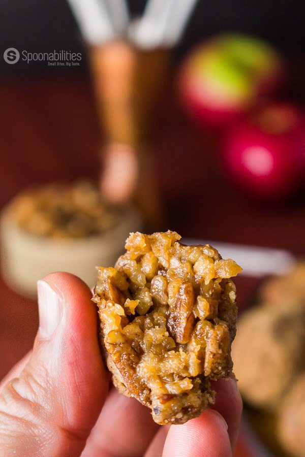 Closeup shot of bitten into Mini Caramel Apple snack made with Caramel Sauce.