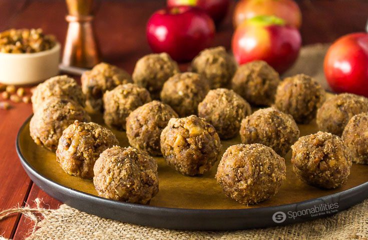Mini Caramel Apples Balls has four ingredients and easy to make for a tasty holiday treat or snack for kids or adults. With apples, pecan, cinnamon, and Salted Caramel Sauce. 