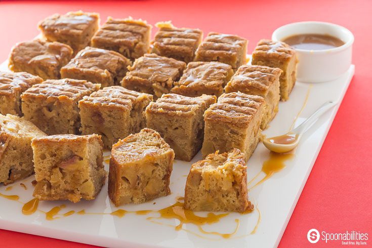 White tray of 24 Caramel Apple Blondies Brownies with apples simmered in Caramel Sauce