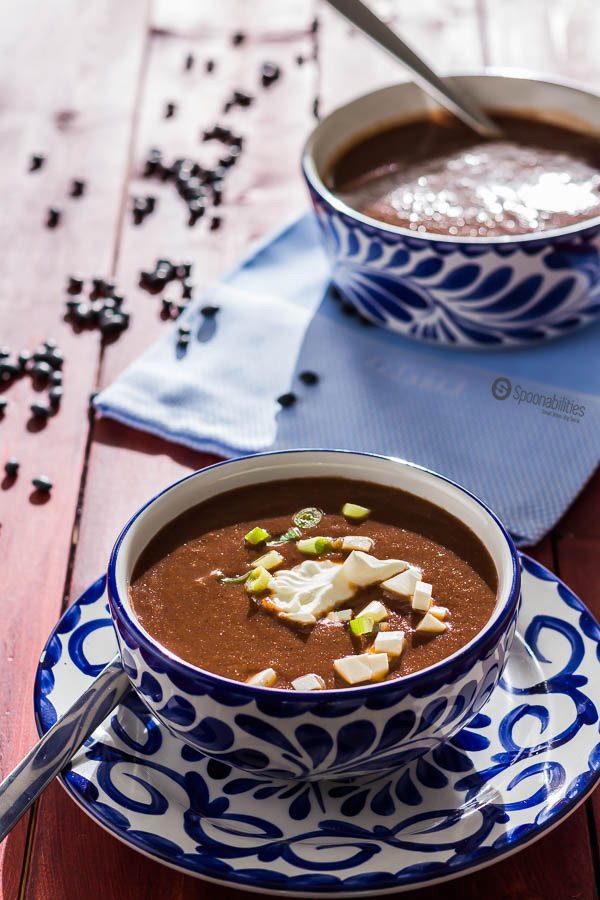 two blue bowls of Black Bean Soup