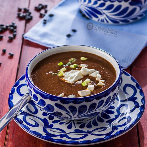 Easy mexcian recipes like this bowl of 10-Minute Easy Vegetarian Black Bean Soup at Spoonabilities.com