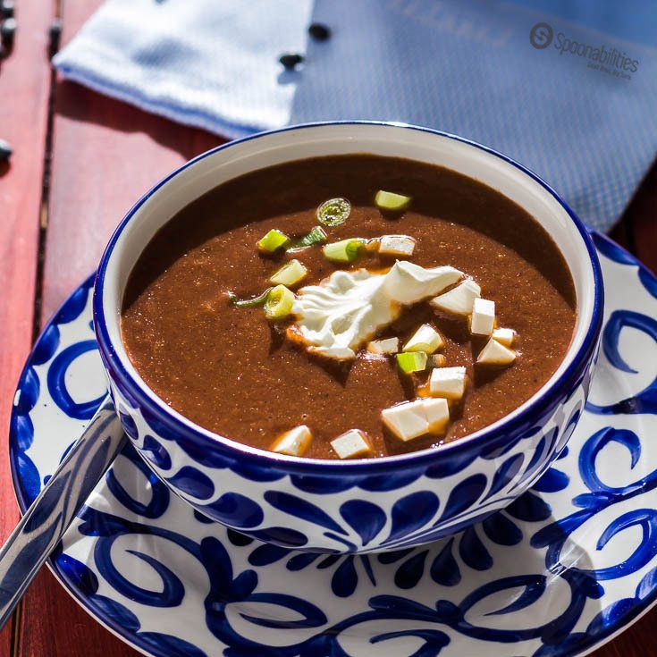 blue bowl with closeup of Vegetarian Black Bean Soup.