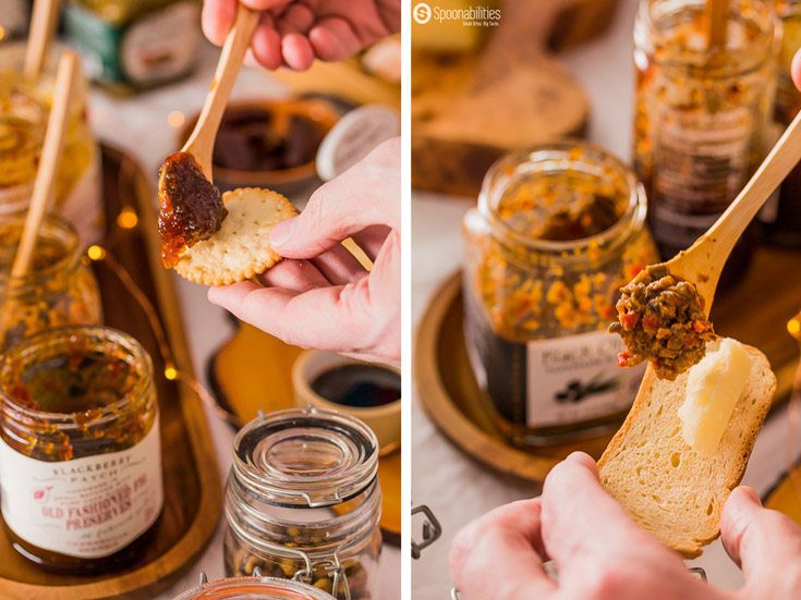 Spreading fig jam on a cracker, and olive tapinade on toast at the Wine and Cheese Tasting Party. Spoonabilities.com