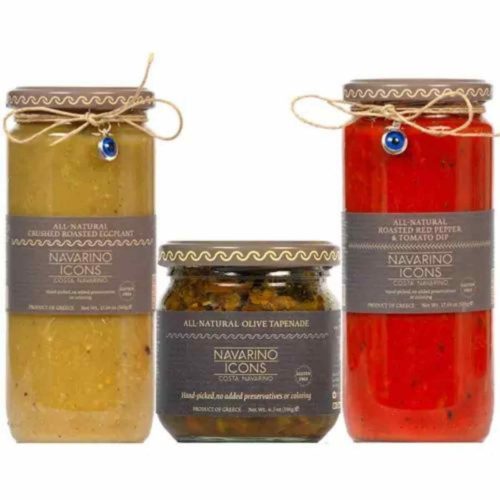 Traditional Greek Antipasto Gift set includes Roasted Red Pepper & Tomato Dip, Roasted Crushed Eggplant, Greek Olive Tapenade. From Navarino Icons. Available at Spoonabilities.com