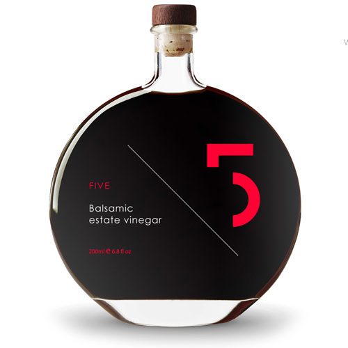 Greek FIVE Estate Balsamic Vinegar made from white grapes aged for 6 years in oak and chestnut barrels. Available at Spoonabilities.com