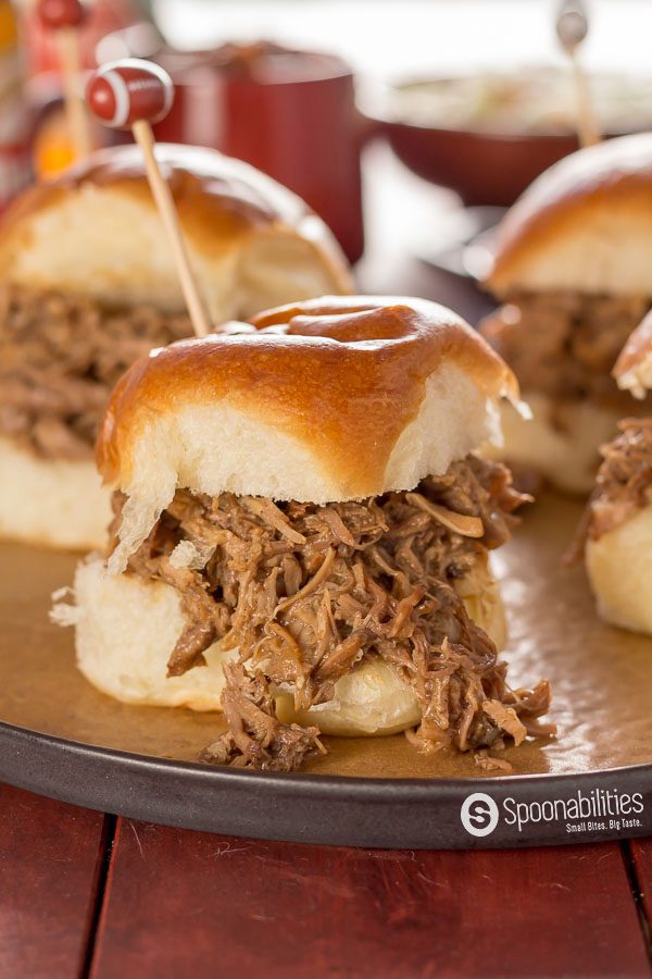 Salted Caramel Pulled Pork Slider made in a pressure cooker in under 90 minutes for a tender, juice meat. For easy instructions go to Spoonabilities.com