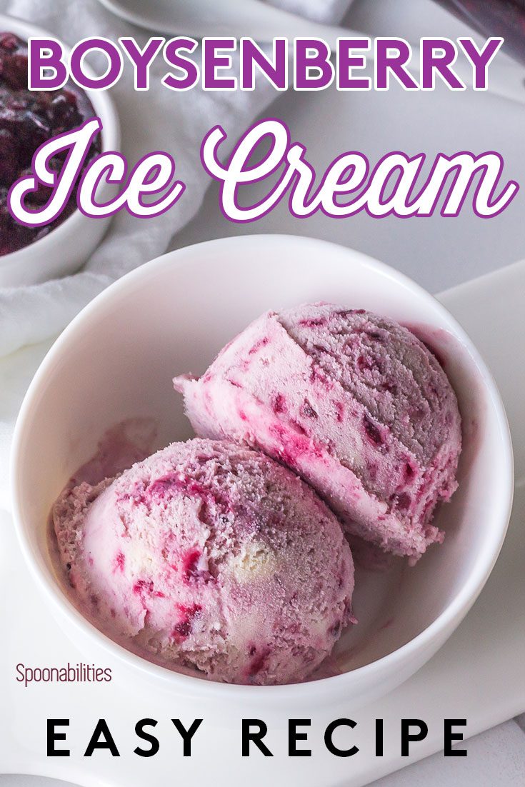 Two scoops of boysenberry ice cream in a white bowl