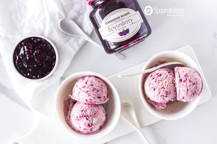 Easy two-ingredient ice cream recipe with your favorite vanilla ice cream and your new favorite jam -Boysenberry Fruit Spread by Scandinavian Delights by Elki. Spoonabilities.com