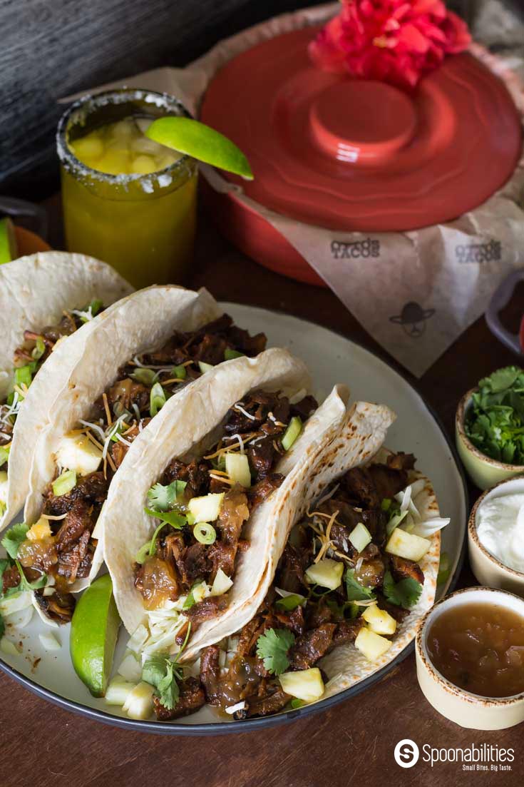 Pork Carnitas tacos with Roasted Pineapple Habanero Sauce. Perfect Mexican inspired dinner party or a taco night at home. Spoonabilities.com