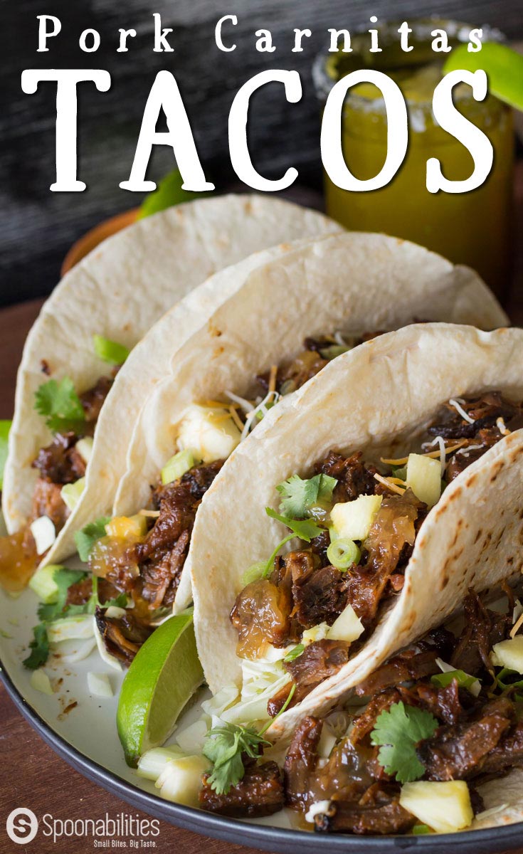 Pork Carnitas slowly braised on the stove in Roasted Pineapple Habanero Sauce until tender. Fill your tacos or burritos. Available at Spoonabilities.com