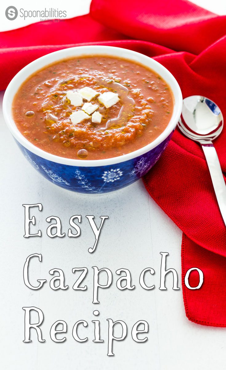 Easy Gazpacho Recipe is a 10 minutes recipe that is originally from Spain. You will love this rich tomato cold soup made with Roasted Red Pepper Salsa. Spoonabilities.com