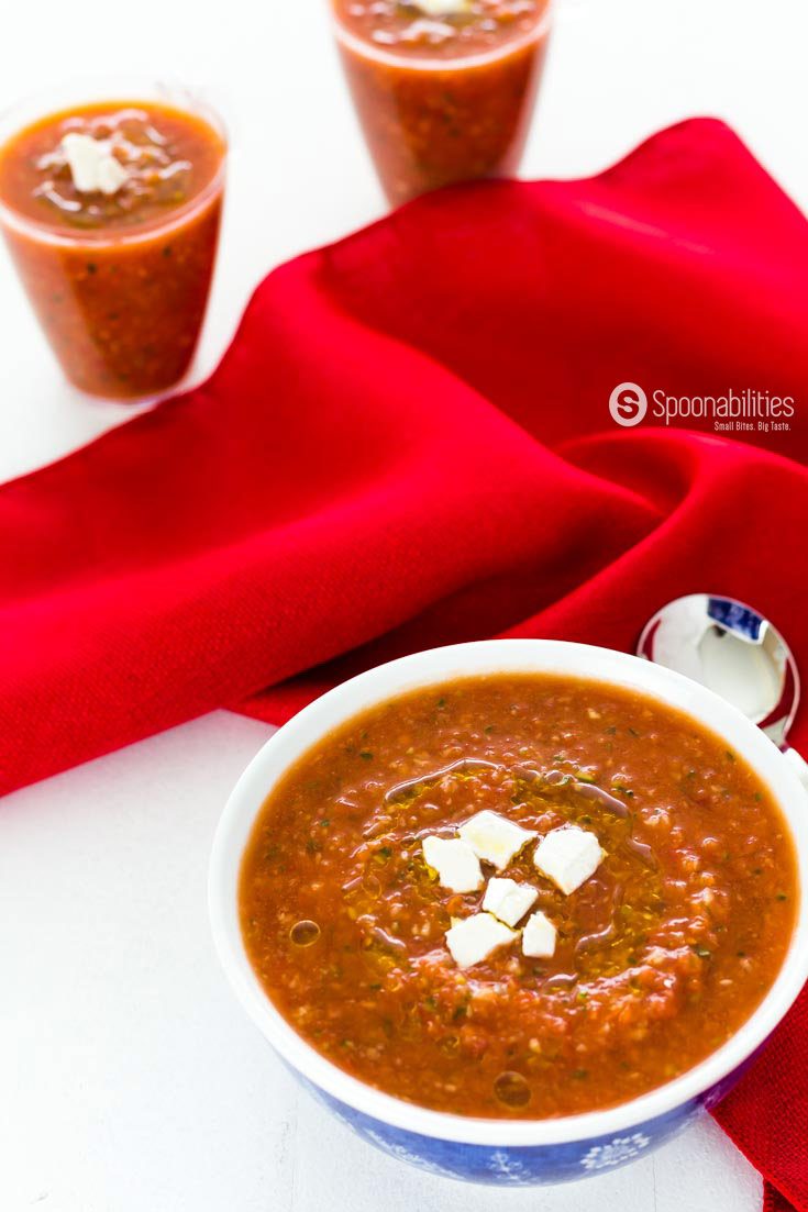 10-minute Easy Gazpacho Recipe is chilled Spanish summer soup with fresh vegetables, tomato, Greek olive oil and Roasted Red Pepper Salsa. Spoonabilities.com