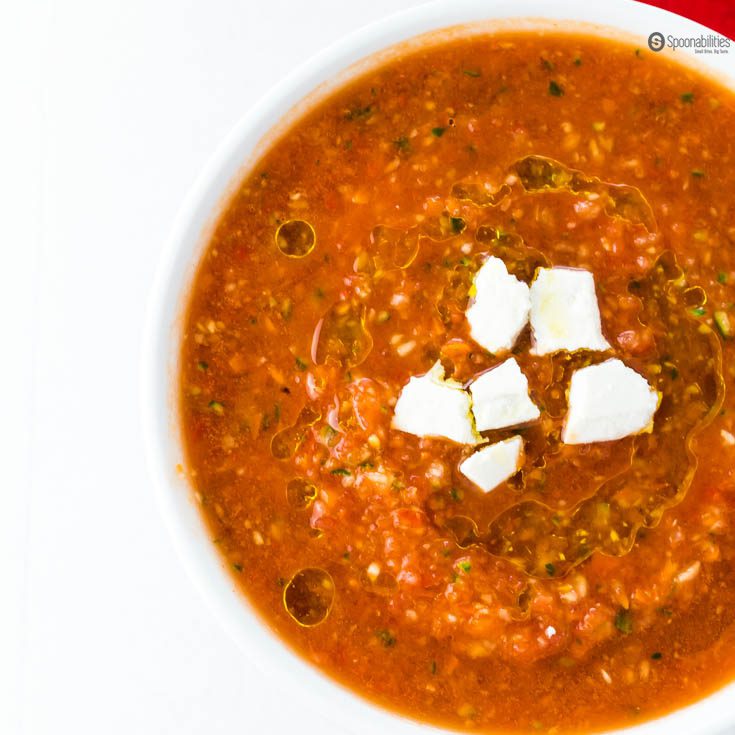 10-minute Easy Gazpacho Recipe is a cold soup recipe that is originally from Spain and made from fresh vegetables with a rich tomato and Red pepper flavor. Spoonabilities.com