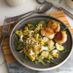 Grilled Corn Zucchini Orzo Salad with creamy garlic mayonnaise salad dressing. Delicious summer salad your family will love. Spoonabilities.com
