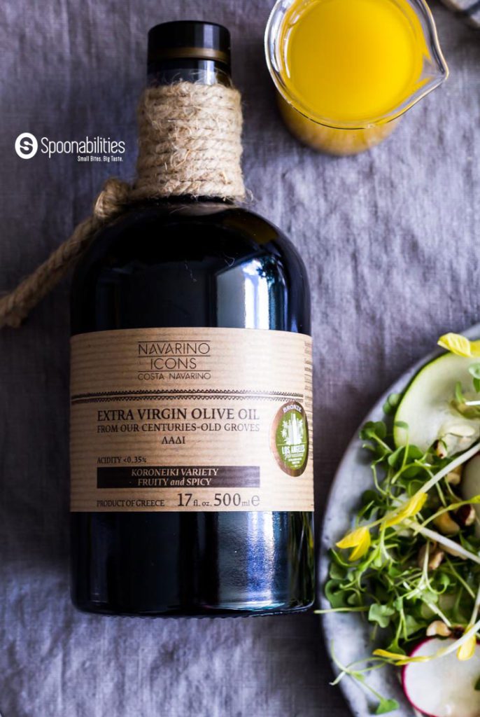 Navarino Icons Eleon Extra Virgin Olive Oil is an important ingredient in the Champagne Mustard Vinaigrette on top of a delicious Pea Shoot Salad. Spoonabilities.com