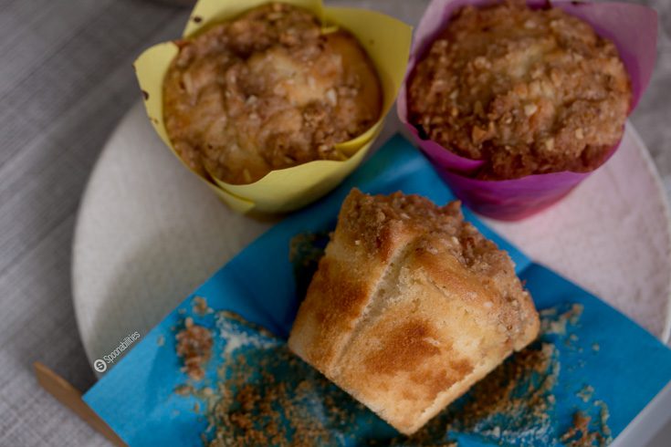 Apricot Cheesecake Muffins made with L’Epicurien Apricot Preserve. Moist muffin recipe with a sweet crumble topping. Spoonabilities.com