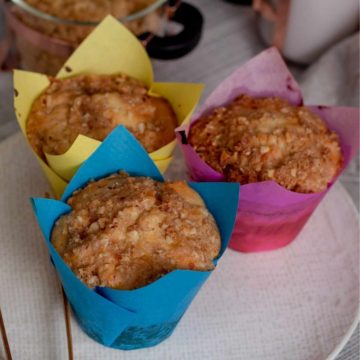 Apricot Cheesecake Muffins are moist & airy with a sweet crumble topping. A perfect breakfast or snack recipe. Spoonabilities.com