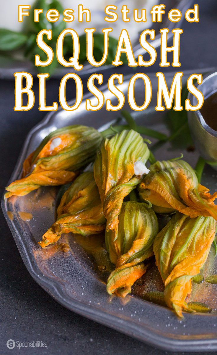 Fresh Stuffed Squash Blossoms is a unique and easy appetizer of edible flowers from BrightFresh filled with creamy burrata and Kalamata Olive & Oregano Spread. Spoonabilities.com