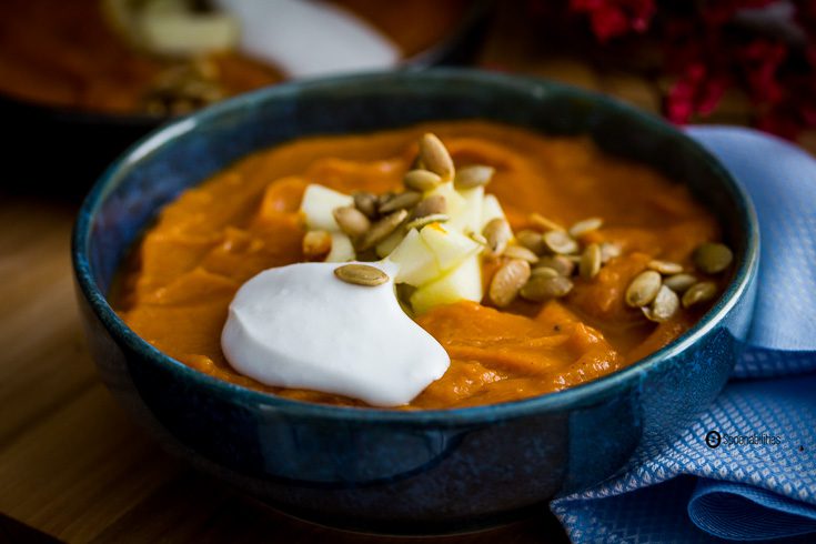 Roasted Pumpkin Bisque is a healthy vegetarian Fall comfort food recipe for any week night or Thanksgiving dinner. Dairy-free, Gluten-Free soup recipe. Spoonabilities.com