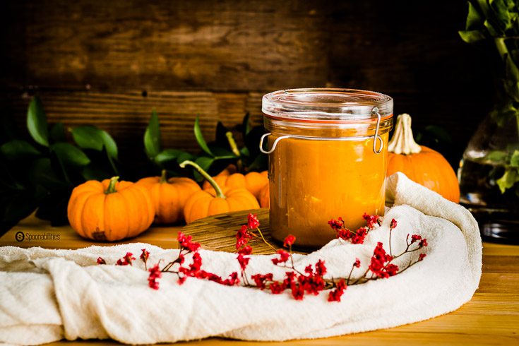 Roasted Pumpkin Bisque is cooked with apple juice, sautéed leeks, vegetable stock and vanilla. This fall soup recipe is perfect for Thanksgiving dinner. In glass container lock-eat by Luigi Bormioli. Spoonabilities.com