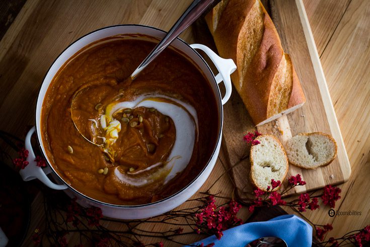 Roasted Pumpkin Bisque is a thick soup made by roasting real pumpkin with Greek Honey with Sage, olive oil, and Ras Hanout for a warm Moroccan flavor. Spoonabilities.com